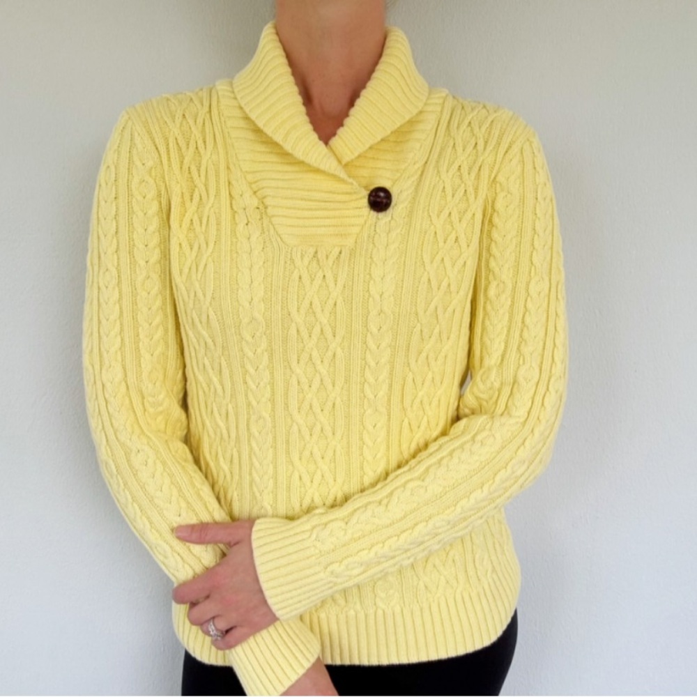Croft & Barrow pale yellow cable knit button collar cotton sweater size large